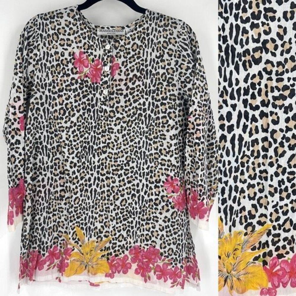 Graham Kandiah Leopard Print Floral 100% Cotton Tunic Top Resort  Coverup Size S